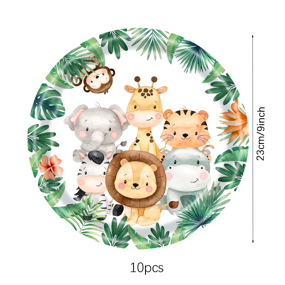 Jungle Birthday Disposable Tableware Wild One Paper Plates Cups Napkins Tablecloth Safari Jungle Animals Theme Party Decorations