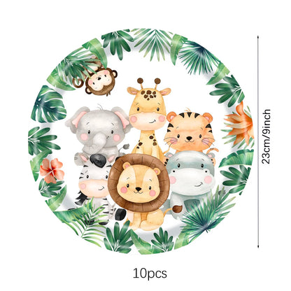 Jungle Birthday Disposable Tableware Wild One Paper Plates Cups Napkins Tablecloth Safari Jungle Animals Theme Party Decorations