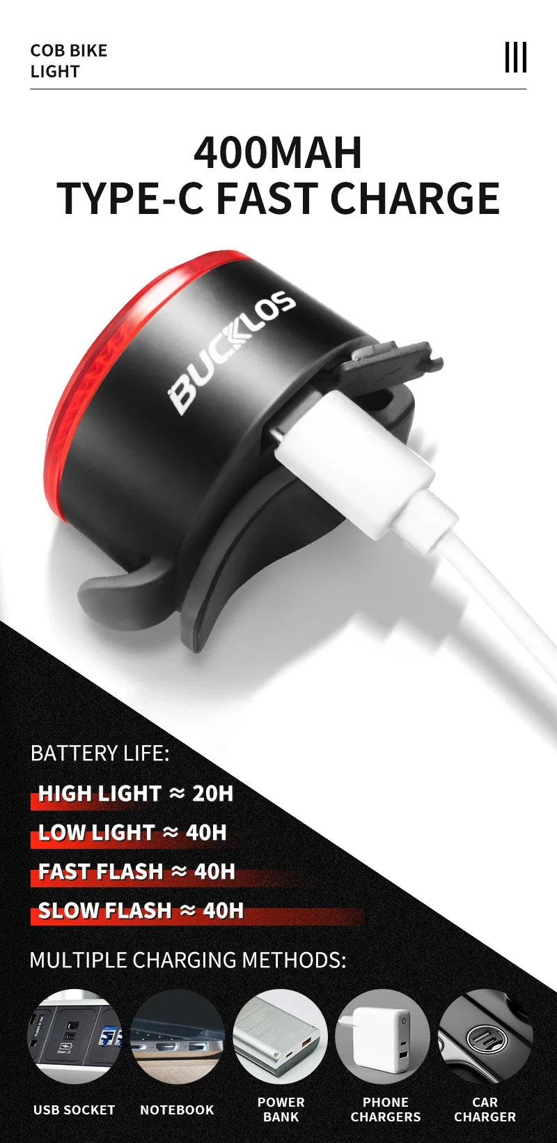 BUCKLOS COB Bike Taillights Headlight USB Rechargeable Bicycle Safety Warning Light MTB LED Front Rear Lantern Cycling Lamp Set