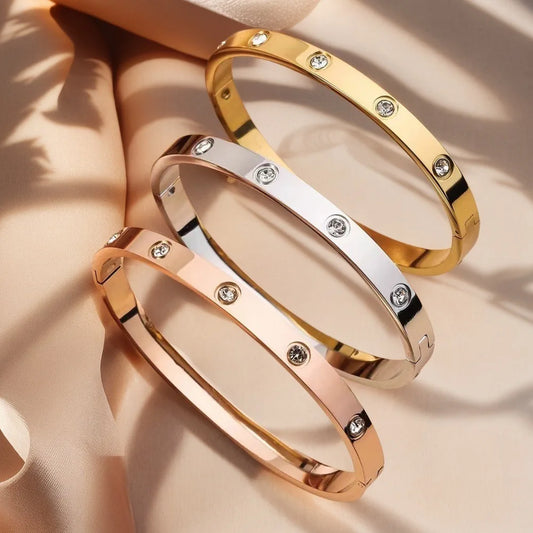 Htpwe Stainless Steel Diamond Ring Stacking Bracelet Women 18k Gold Plated Couple Holiday Gift Fashion Bracelet Party Jewelry