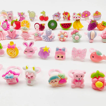 30pcs/Lot Wholesale Child Open Design Resin Candy Flower Finger Rings Plastic Pink Kid Ring Children Party Gifts Birthday Girls