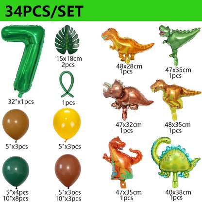 34Pcs 1 2 3 Years Dinosaur Birthday Party Dino Balloons Palm Leaf Set First Bthday Boy Party Kids Baby Shower Jungle Safari Deco