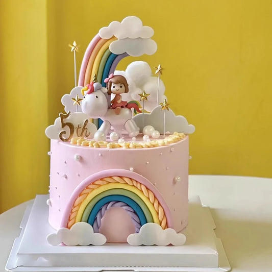 9 pcs unicorn rainbow cake topper unicorn with rainbow clouds stars Happy birthday cake decorations for girls one year old party