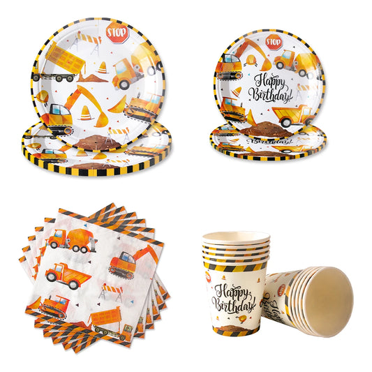 Construction Birthday Party Supplies Tractor Excavator Paper Plate Cup Birthday Banner Truck Latex Balloons For Child's Birthday