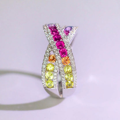 Rainbow CZ Cross Rings for Women Full Bling Iced Out Wedding Party Female Rings Silver Color Statement Jewelry Drop Ship