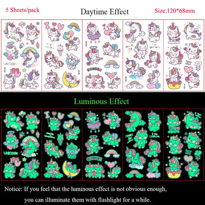 5 Sheets Luminous Tattoo Stickers Temporary Colorful Animal Dinosaur Tattoo Cute Tattoo Stickers Children's Body Tatto