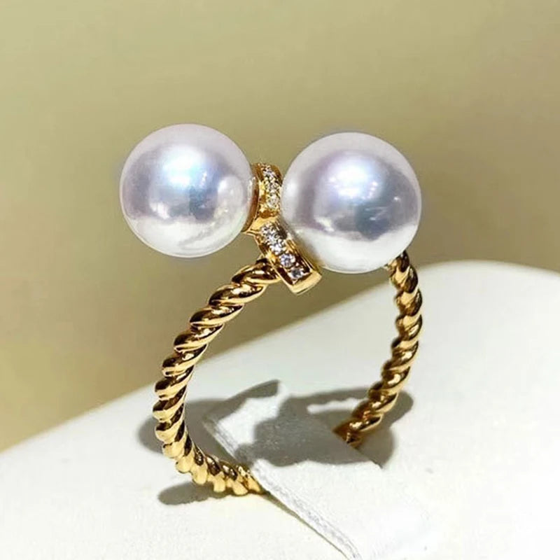 Temperament Double Imitation Pearl Open Ring Twist Gold Color Band New Fashion Women's Accessories Wedding Jewelry 2023