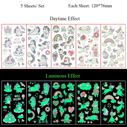 5 Sheets Luminous Tattoo Stickers Temporary Colorful Animal Dinosaur Tattoo Cute Tattoo Stickers Children's Body Tatto