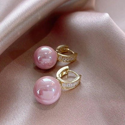 White/Pink Round Imitation Pearl Earrings for Women Gold Color Temperament Lady's Accessory Wedding Party Trendy Jewelry