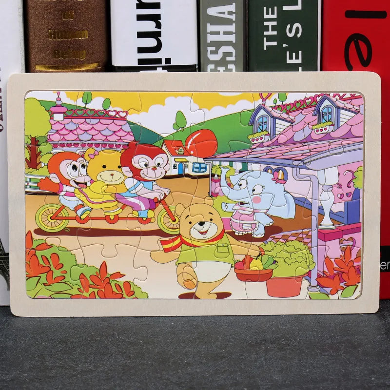 24 Pieces Wooden Puzzles Kids Cartoon Animal Wood Jigsaw Early Educational Learning Toys for Children GIFT