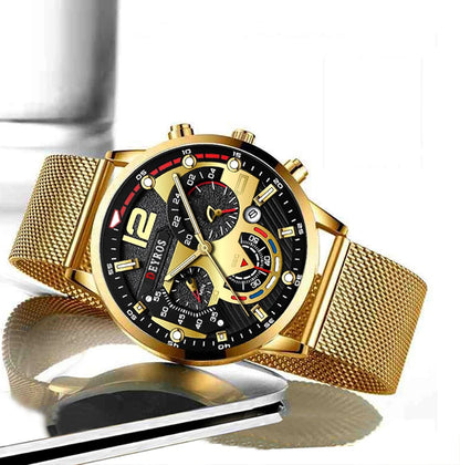 Fashion Mens Business Watches Luxury Stainless Steel Mesh Belt Quartz Wrist Watch Luminous Clock Men Casual Calendar Watch