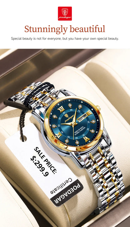 POEDAGAR Luxury Women Wristwatch Waterproof Luminous Date Week Women's Watches Stainless Steel Elegant Dress Quartz Ladies Watch