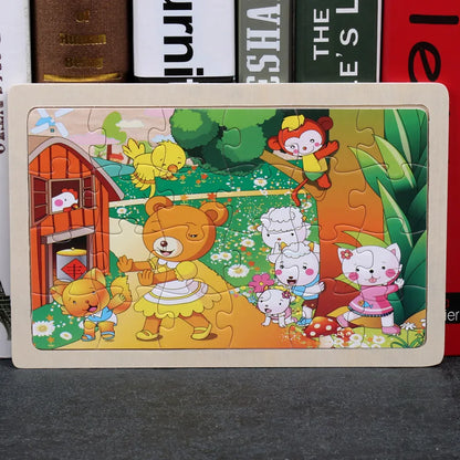 24 Pieces Wooden Puzzles Kids Cartoon Animal Wood Jigsaw Early Educational Learning Toys for Children GIFT
