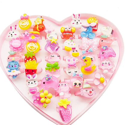 30pcs/Lot Wholesale Child Open Design Resin Candy Flower Finger Rings Plastic Pink Kid Ring Children Party Gifts Birthday Girls