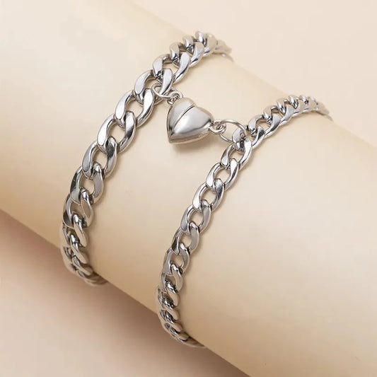 2Pcs/set Magnet Couple Bracelets Heart Attraction Bracelet Sliver Love Charm Simple Cuban Chains Key Lock Jewelry Gifts