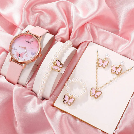 6PCS Set Women Fashion Quartz Watch Female Pink Butterfly Dial Luxury Brand Design Ladies Leather Wrist Watch Montre Femme