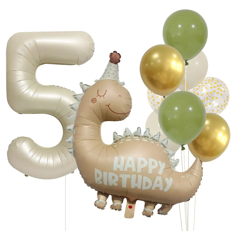 Retro Matte Caramel Colored Dinosaur Aluminum Film Number Balloon Set Happy Birthday Party Decoration Kids Background Photo Prop