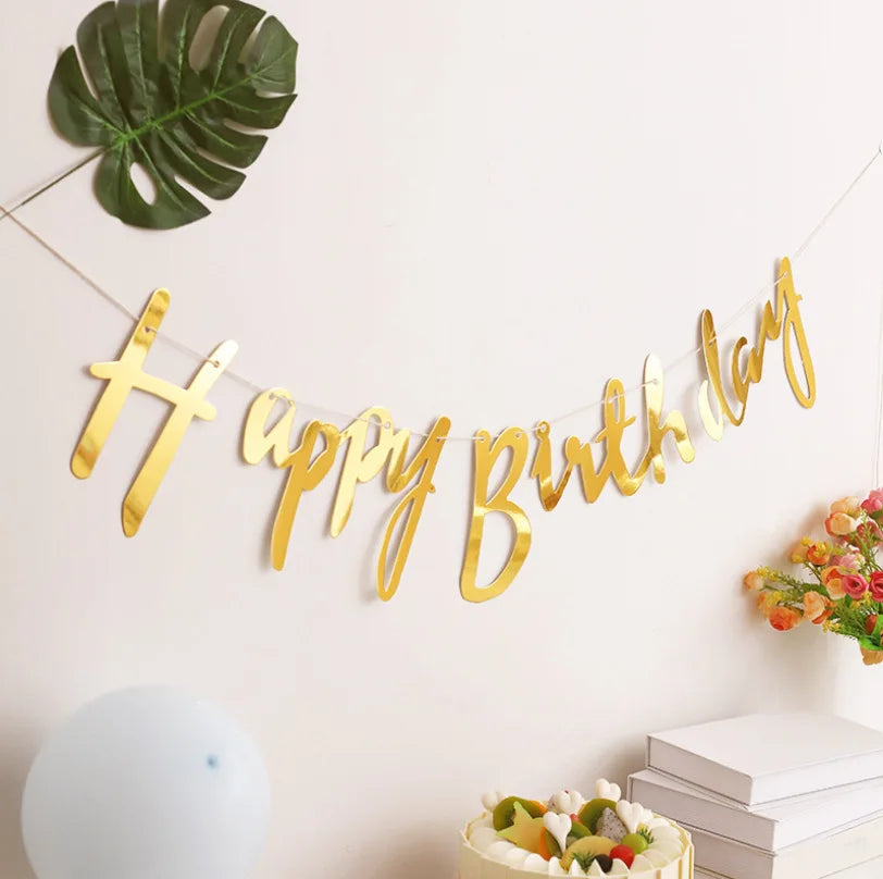 Gold Happy Birthday Banner Birthday Wedding Party Decoration Hanging Garland Banner Baby Shower 1st Birthday Boy Girl
