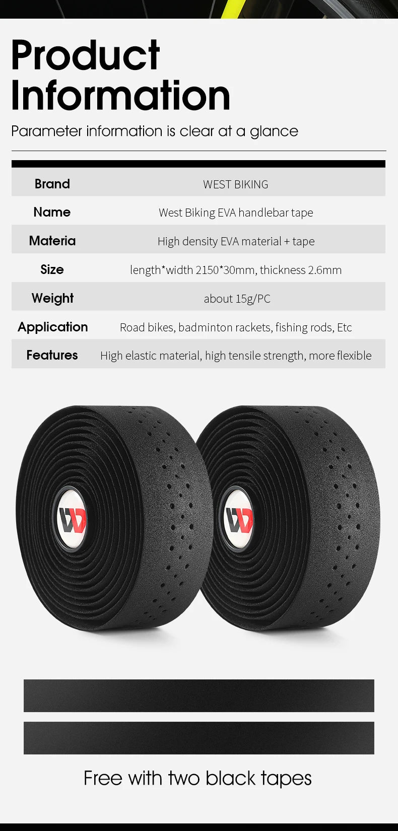WEST BIKING Bicycle Handlebar Tape EVA PU Bar Tape Soft Cycling Damping With 2 Bar Plug Road Bicycle Anti-slip Shock straps