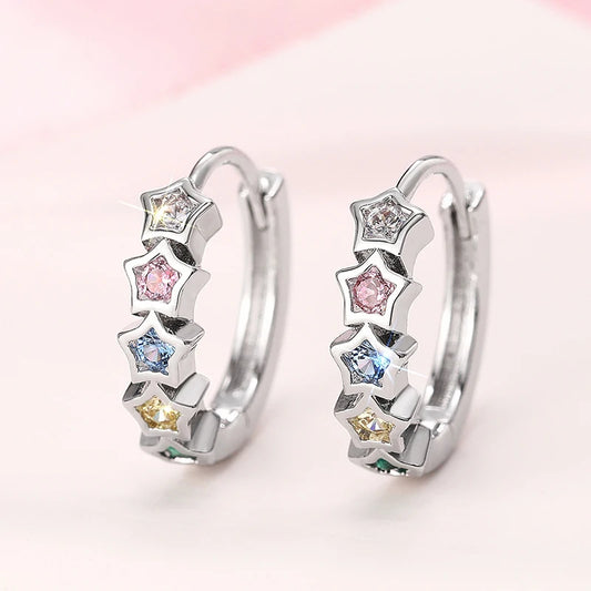 Trendy Star Hoop Circle Earrings Female Bright Rainbow Colored Zirconia Accessories Silver Color Jewelry for Daily Wear