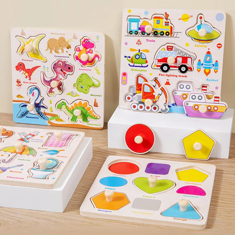 Montessori Wooden Puzzles Cartoon Animal Fruit Hand Grab Board Cognition Jigsaw Puzzle Game Learning Educational Toys For Kids