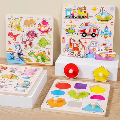 Montessori Wooden Puzzles Cartoon Animal Fruit Hand Grab Board Cognition Jigsaw Puzzle Game Learning Educational Toys For Kids