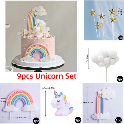 9 pcs unicorn rainbow cake topper unicorn with rainbow clouds stars Happy birthday cake decorations for girls one year old party
