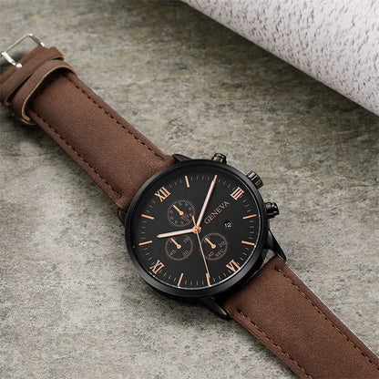 Mens Fashion Business Quartz Watch Fashion Fake Three Eye Six Pin Calendar Mens Watch Leather Belt Mens Watches