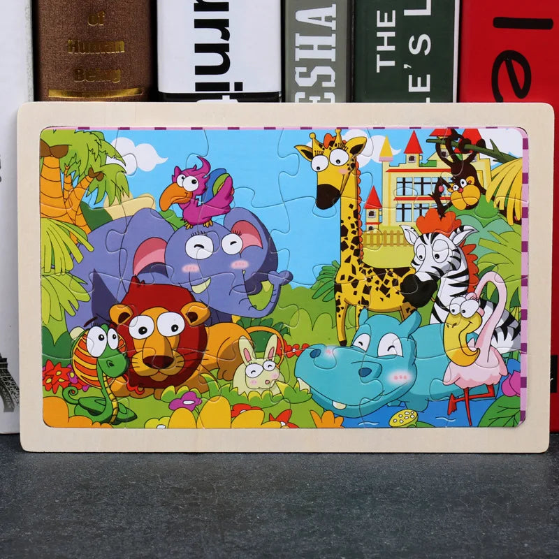 24 Pieces Wooden Puzzles Kids Cartoon Animal Wood Jigsaw Early Educational Learning Toys for Children GIFT
