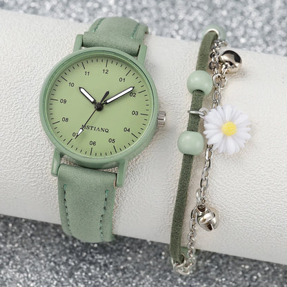 2PCS/Set Women's Watch Fashion Arabic Dial Leather Band Quartz Watches Flower Bracelet Set Reloj Mujer Girls Clock Gift