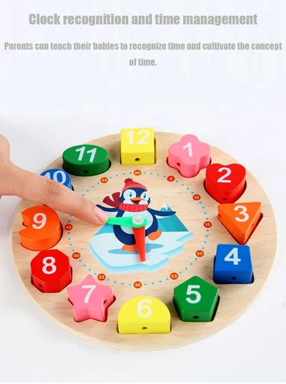 Wooden Number Blocks Puzzle Shape Color Sorting Clock Montessori Toys for Kids Early Education Penguin Patterns Time Learning