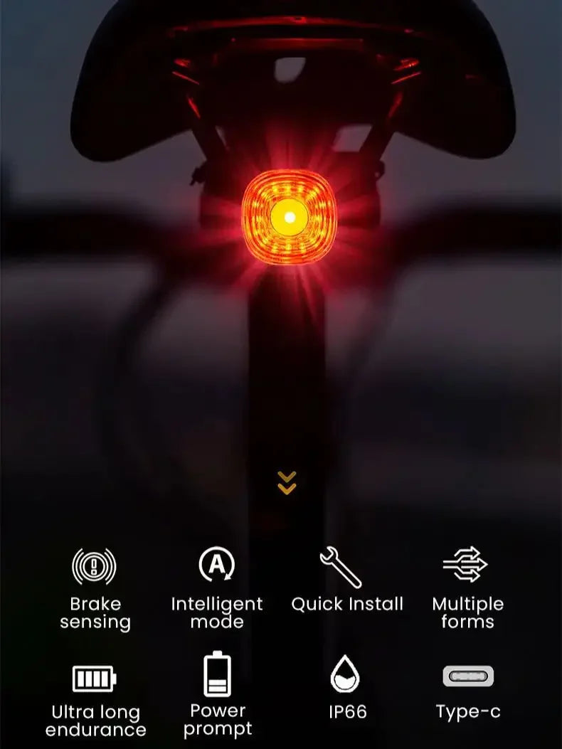 Smart Brake Bicycle Rear Light Auto on/Off Stop Signal Brake Road Bike LED Taillight Type-C Charge MTB Cycling Safety Flash Lamp