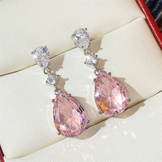 Temperament Sweet Pink Pear Cubic Zirconia Drop Earrings Women Engagement Party Exquisite Ear Accessories Fashion Jewelry