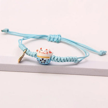 Simple Ceramic Lucky Cat Braided Bracelet for Women Cute Animal Kitten Hand-woven Adjustable Bangles Party Harajuku Jewelry Gift
