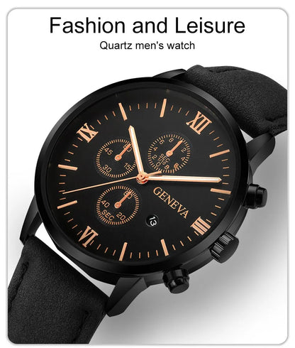 Mens Fashion Business Quartz Watch Fashion Fake Three Eye Six Pin Calendar Mens Watch Leather Belt Mens Watches