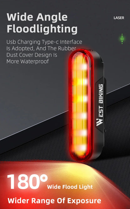 WEST BIKING Bike Taillight Laser Brake Sensing Rear Light IPX5 Waterproof USB Charging Bike Light MTB Road Bicycle Accessories