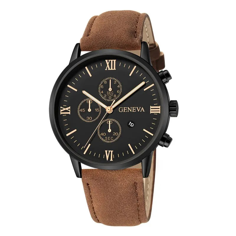 Mens Fashion Business Quartz Watch Fashion Fake Three Eye Six Pin Calendar Mens Watch Leather Belt Mens Watches