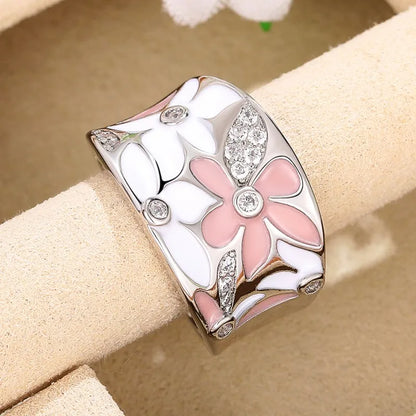Aesthetic Enamel Flower Finger Ring for Women Wedding Party New 2023 Ring Silver Color Luxury Cubic Zirconia Jewelry Gift