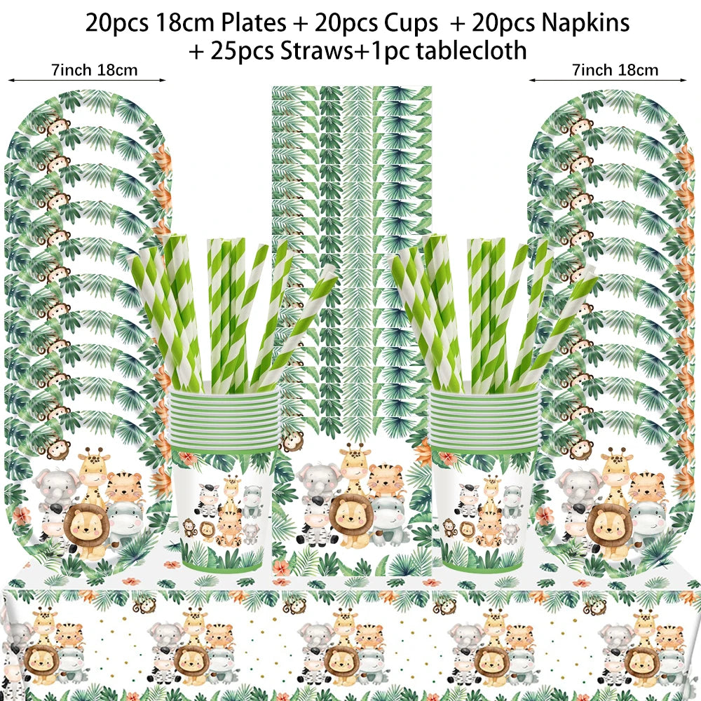 Jungle Birthday Disposable Tableware Wild One Paper Plates Cups Napkins Tablecloth Safari Jungle Animals Theme Party Decorations