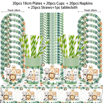 Jungle Birthday Disposable Tableware Wild One Paper Plates Cups Napkins Tablecloth Safari Jungle Animals Theme Party Decorations