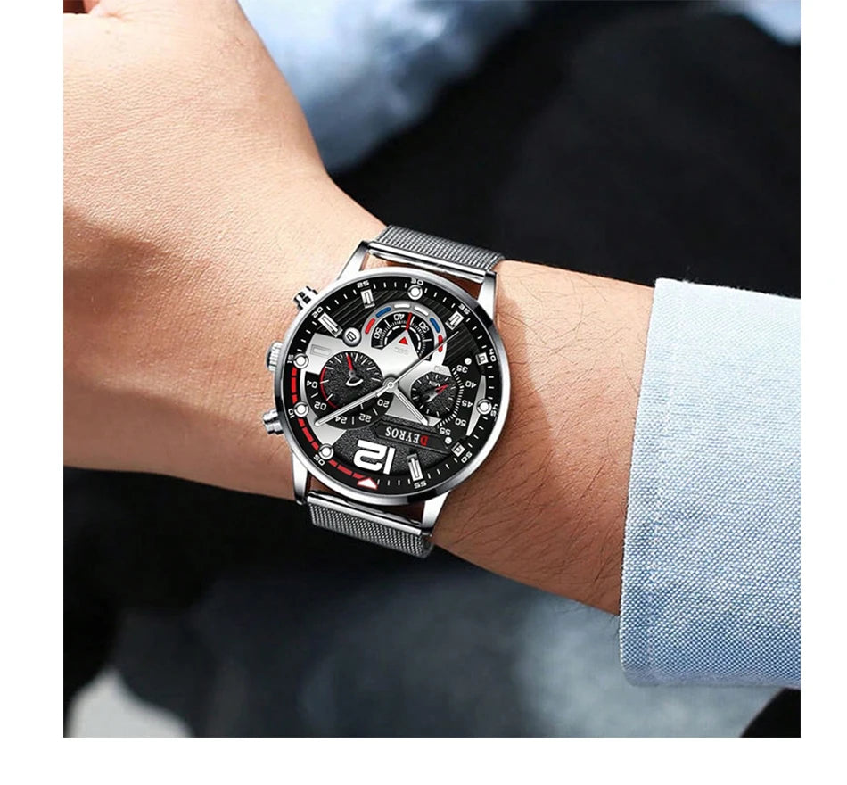 Fashion Mens Business Watches Luxury Stainless Steel Mesh Belt Quartz Wrist Watch Luminous Clock Men Casual Calendar Watch