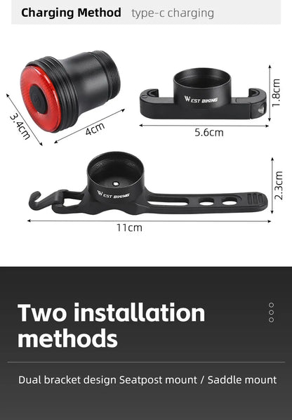 WEST BIKING Bike Rear Light Smart Brake Sensing Light Bicycle Tail Light Type-C Charging Taillight Road Cycling Accessories