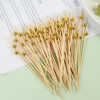 100pcs Wedding Party Pearl Disposable Skewers Food Fruit Picks Bamboo Cocktail Buffet Cake Toothpick Wedding Birthday Supplies