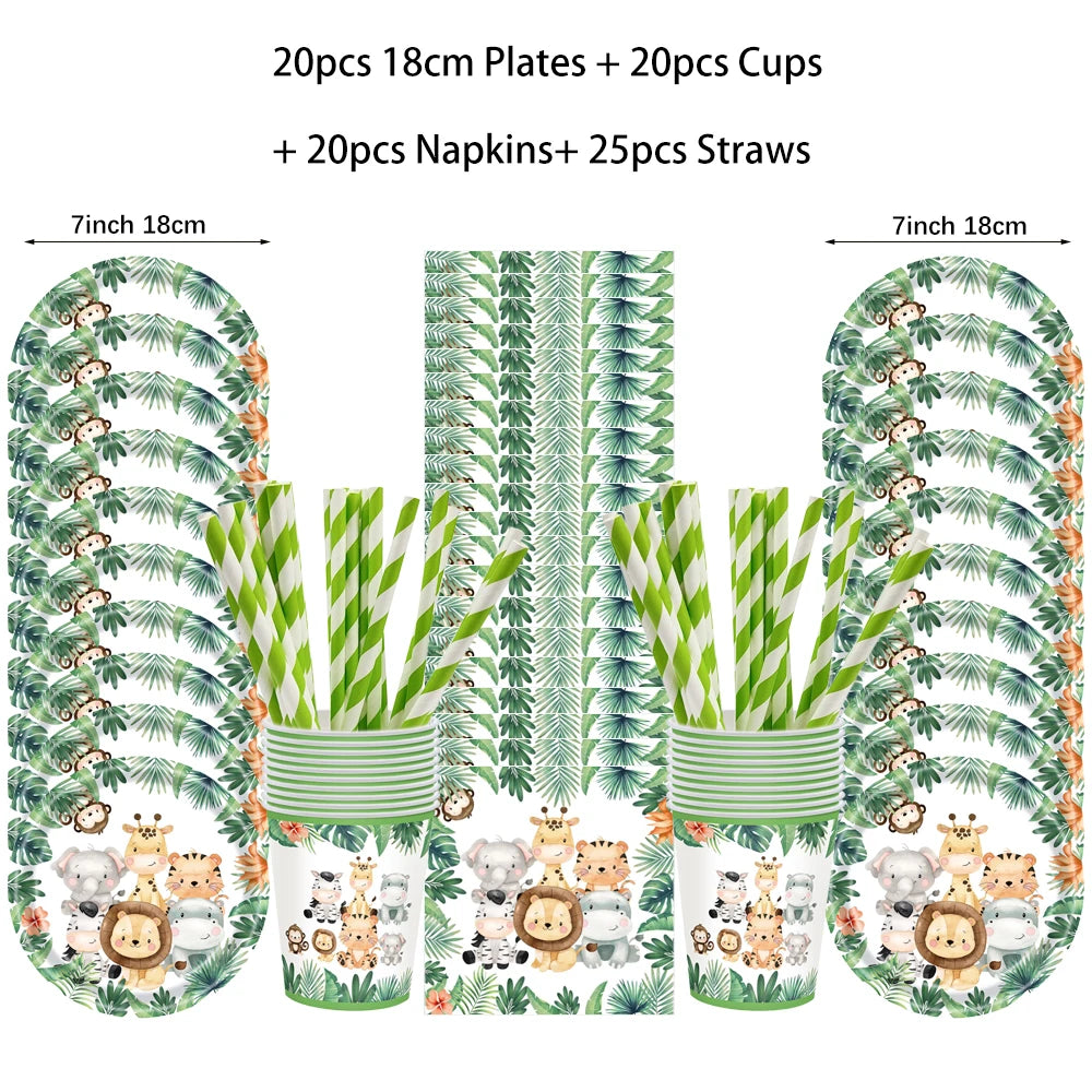 Jungle Birthday Disposable Tableware Wild One Paper Plates Cups Napkins Tablecloth Safari Jungle Animals Theme Party Decorations