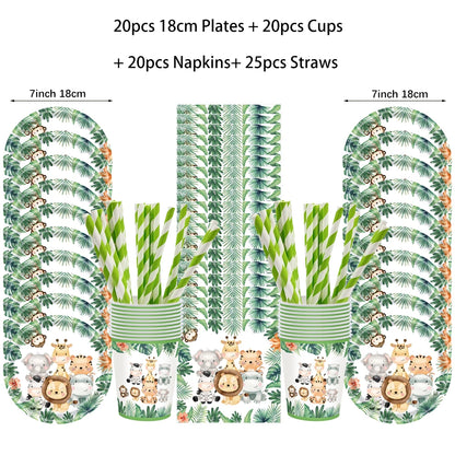 Jungle Birthday Disposable Tableware Wild One Paper Plates Cups Napkins Tablecloth Safari Jungle Animals Theme Party Decorations