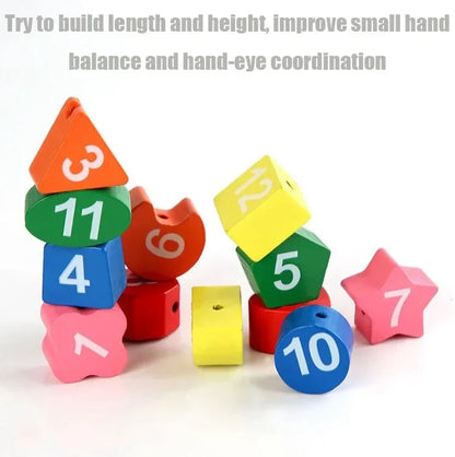 Wooden Number Blocks Puzzle Shape Color Sorting Clock Montessori Toys for Kids Early Education Penguin Patterns Time Learning