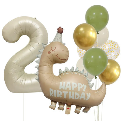 Retro Matte Caramel Colored Dinosaur Aluminum Film Number Balloon Set Happy Birthday Party Decoration Kids Background Photo Prop