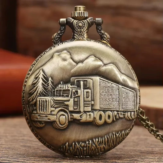 Antique Style Retro Pendant Necklace Chain Bronze Truck Vintage Steampunk Quartz Pocket Watch For Men