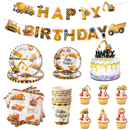 Construction Birthday Party Supplies Tractor Excavator Paper Plate Cup Birthday Banner Truck Latex Balloons For Child's Birthday