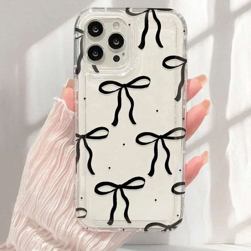 Case For iPhone 16 15 14 13 12 11 Pro Max Coquette Black Bowknot Print Clear Phone Cover For iPhone XR XS X 7 8 Plus SE2 Cases